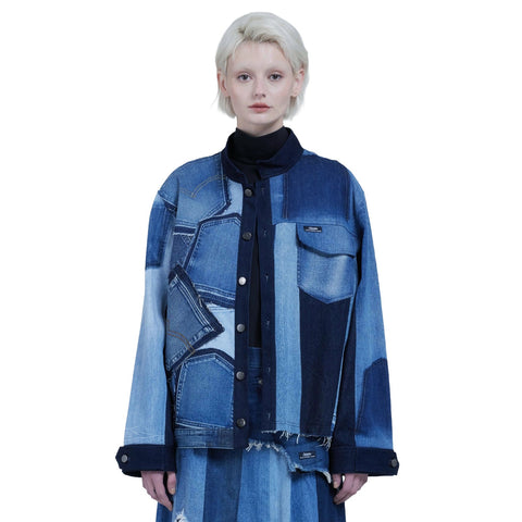 Denim Stand-Collar Patchwork Jacket