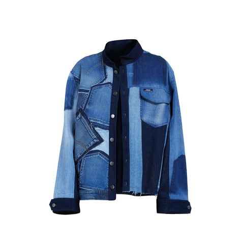 Denim Stand-Collar Patchwork Jacket