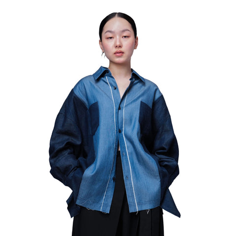 Family Bros Oversized Two-Tone Patchwork Frayed Shirt