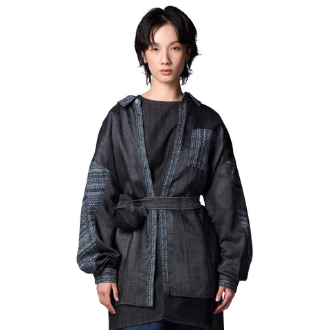 Geometric Patchwork Hidden-Button Shirt