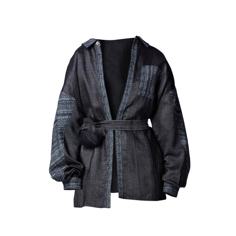 Geometric Patchwork Hidden-Button Shirt