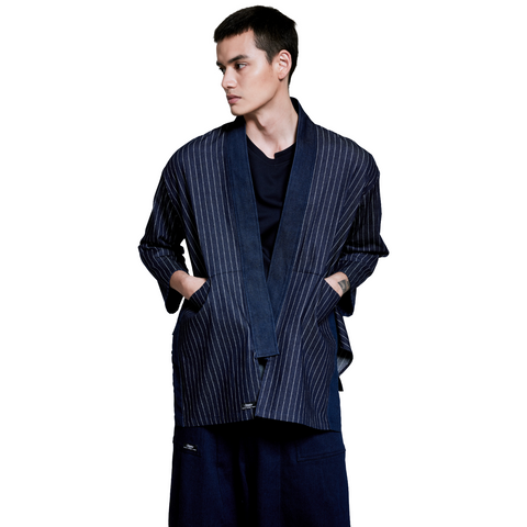 Denim Japanese Kimono with Stripes